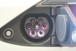 Type 2-compatible 120 kW male vehicle inlet on European Tesla Model S