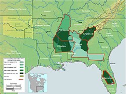 Map of the southern United States showing in dark green areas ceded by Indians.[221]