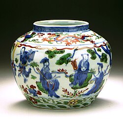 Wucai jar with the Eight Immortals, Wanli reign, 1573–1620