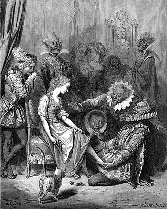 The fitting with the prince onlooking, illustration in Les Contes de Perrault by Gustave Doré, 1862