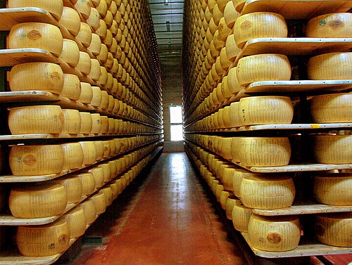 A Parmigiano Reggiano factory maturation room