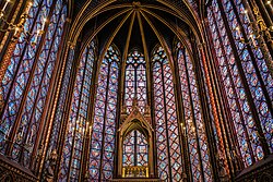 Stained glass windows of the Sainte-Chapelle in Paris, France, completed in 1248, mostly constructed between 1194 and 1220 in the Gothic style.