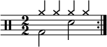 \new Staff <<
\new voice \relative c' {
\clef percussion
\numericTimeSignature
\time 2/2
\set Score.tempoHideNote = ##t \tempo 2 = 100
\stemDown \repeat volta 2 { g2 d' }
}
\new voice \relative c'' {
\override NoteHead.style = #'cross
\stemUp \repeat volta 2 { a4 a a a }
}
>>