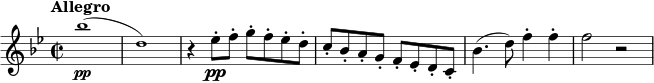 \relative c''' {
\tempo "Allegro"
\tempo 2 = 90
\set Staff.midiInstrument = #"violin"
\key bes \major
\time 2/2
\tiny bes1\pp (| d,) | \normalsize r4 es8-.\pp f-. g-. f-. es-. d-. | c-. bes-. a-. g-. f-. es-. d-. c-. | bes'4. (d8) f4-. f-. | f2 r
}