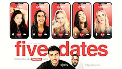 Five women shown on phone screens above the male protagonist and his male friend.