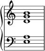  {
\override Score.TimeSignature #'stencil = ##f
\relative c' { \new PianoStaff << 
  \new Staff { \clef treble \time 4/4 \hide Staff.TimeSignature <d g b>1 } 
  \new Staff { \clef bass \time 4/4 \hide Staff.TimeSignature  <e, a>1 }
>> } }
