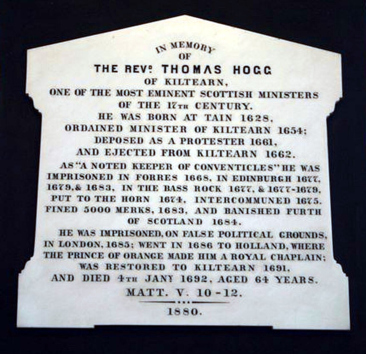 Plaque to Rev. Thomas Hog, Evanton Parish Church (geograph 1863725).jpg