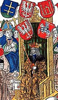 A 1506 depiction of Grand Duke Alexander Jagiellon in the Polish Senate, surrounded by Lithuanian and Polish coat of arms, one of them are the golden Columns of Gediminas