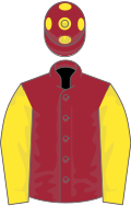 Maroon, yellow sleeves, maroon cap, yellow spots