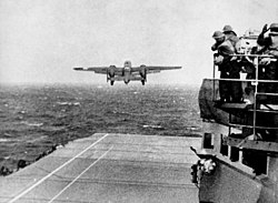 A B-25 Mitchell taking off from USS Hornet for the raid