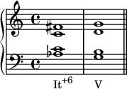
    {
      \new PianoStaff <<
        \new Staff <<
            \relative c' {
                \clef treble \key c \major \time 4/4
                <c fis>1 <d g>
                }
            >>
        \new Staff <<
            \relative c' {
                \clef bass \key c \major \time 4/4
                <aes c>1_\markup { \concat { "It" \raise #1 \small "+6" \hspace #4.3 "V" } } 
                <g b> \bar "||"
                }
            >>
    >> }
