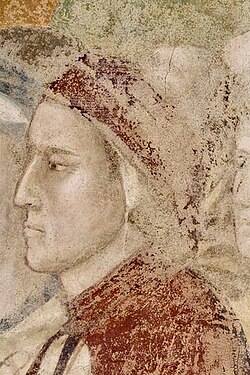 head-and-chest side portrait of Dante in red and white coat and cowl