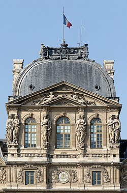 Baroque caryatids on the upper part of the Pavillon de l'Horloge on the Cour Carrée of the Louvre Palace, by Gilles Guérin and Philippe De Buyster after Jacques Sarazin, mid-17th century[24]