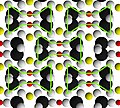 Structure of pyroxene looking along the silica chains. "I-beams" are outlined in green. Silicon ions are oversized to emphasize the silicon chains.