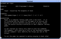 4.3 BSD displaying the man page for Rogue