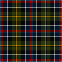 An olive-dominated tartan with a fair amount of navy blue and black, and over-checks of red (with sky-blue guard lines), yellow (guarded by black), and white