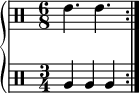 \new PianoStaff <<
\new DrumStaff <<
\drummode {
\set Staff.timeSignatureFraction = 6/8
\set Score.tempoHideNote = ##t \tempo 4 = 120
\repeat volta 2 { tommh4. tommh }
}
>>
\new DrumStaff <<
\drummode {
\set Staff.timeSignatureFraction = 3/4
\repeat volta 2 { tomfh4 tomfh tomfh }
}
>>
>>