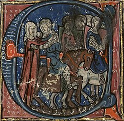 A lady and an armed horseman embracing each other and a group of marching horsemen