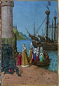 France c. 1455–1460. The illuminated manuscript portraying Isabella of France (1295-1358), and her ladies-in-waiting wearing anachronistic clothing. The ladies-in-waiting wear very high divided hennins.
