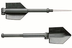 Glock Feldspaten entrenching tool. Note: plastic telescoping handle and saw blade.