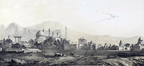 Drawing of several buildings, with mountains visible in background