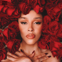 A portrait of a Doja Cat surrounded by bouquets of red roses.