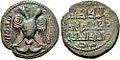 AE dirhem of the Artuqid ruler Nasir al-Din Mahmud (r. 1200–1222, struck in Hisn Kayfa, featuring the double-headed eagle on the obverse