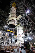 Aft booster segments for Artemis I being stacked at the Vehicle Assembly Building, as seen in 2020.