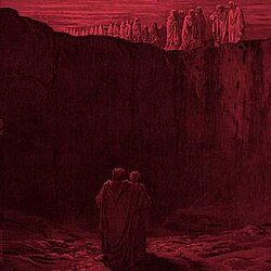A drawing of two robed figures in a pit rendered in red, inspired by the works of Gustave Doré