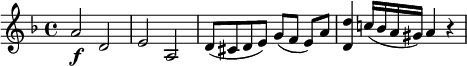 
\relative a' {
  \key d \minor \time 4/4
  a2 \f d,
  e2 a,
  d8( cis d e) g([ f] e) a
  <d d,>4 c!16( bes a gis) a4 r
}
