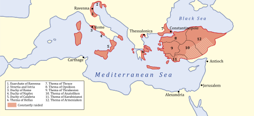 A colored map showing the extent of the Byzantine Empire in 717