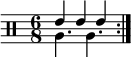 \new DrumStaff <<
\new voice \drummode {
\set Score.tempoHideNote = ##t \tempo 4 = 120
\time 6/8
\stemUp \repeat volta 2 { tommh4 tommh tommh }
}
\new voice \drummode {
\stemDown \repeat volta 2 { tomfh4. tomfh }
}
>>