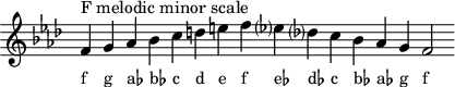 
\header { tagline = ##f }
scale = \relative f' { \key f \minor \omit Score.TimeSignature
  f^"F melodic minor scale" g as bes c d e f es? des? c bes as g f2 }
\score { { << \cadenzaOn \scale \context NoteNames \scale >> } \layout { } \midi { } }

