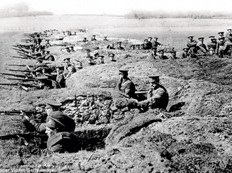 Soldiers training in trench warfare, with well-defined fire bays connected by offset traverse trenches, with zigzag communication trenches leading to the rear area