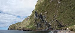 Steep green cliffs with a small shoreline with low vegetation