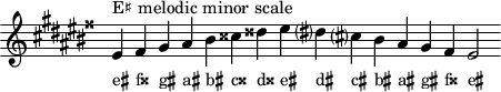 
\header { tagline = ##f }
scale = \relative f' { \accidentalStyle modern \key eis \minor \omit Score.TimeSignature
  eis^"E♯ melodic minor scale" fisis gis ais bis cisis disis eis dis? cis? bis ais gis fisis eis2 }
\score { { << \cadenzaOn \scale \context NoteNames \scale >> } \layout { } \midi { } }
