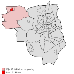 Location of Uddel in the municipality of Apeldoorn (the urban area of Uddel is red and the rural area is pink)