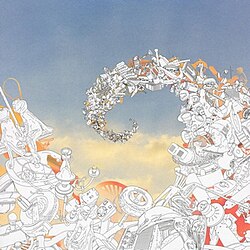 A spiral of various household objects, such as lamps, golf clubs and chairs, floating towards the skyline