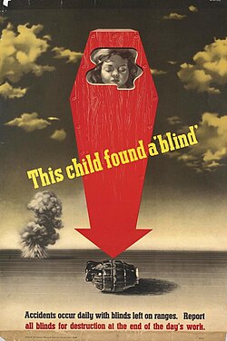 1943 poster by Abram Games warning against leaving blinds on firing ranges