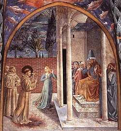 A fresco depicting three friars standing before a bearded and crowned man sitting on a throne surrounded by soldiers and bearded men