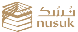 Logo of Nusuk, showing a gold geometric icon beside the Arabic word نسك and the English word Nusuk