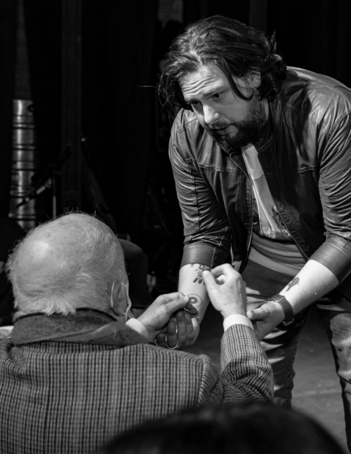 Pablo Daniel Magee onstage, being saluted by Maestro Jose Luis Ardissone after a play.