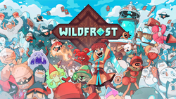 The title screen for Wildfrost. The name is on a seal in the background and is surrounded by many characters in the game.