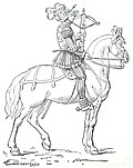 16th-century French mounted crossbowman (cranequinier). His crossbow is drawn with a rack-and-pinion cranequin, so it can be used while riding.