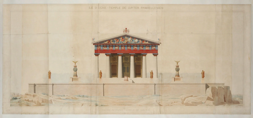 Reconstruction drawing of the facade of the Temple of Hellanius Zeus, Aegina, including its pediment, showing the polychromy all ancient sculptures and buildings had, unknown architect, illustrated by Charles Garnier in 1852, unknown date