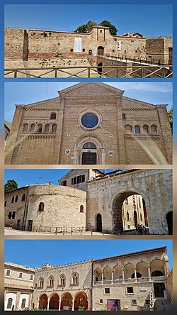 From top to bottom: Castle, Cathedral, Arch of August, Palace of Dukes