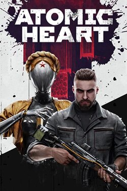 Cover of Atomic Heart, featuring a man and one of female robot twins