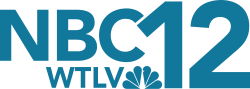 Next to the NBC network logo, a six-feathered, multi-colored peacock, a gray "12", with the 1 higher than the 2. The letters WTLV in a sans serif, also in gray, sit below the 12.