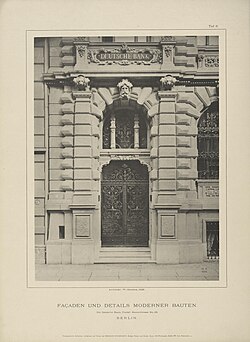 Renaissance Revival Doric pilasters with bossages on them, of the Deutsche Bank (Mauerstraße [de] no. 29), Berlin, by W. Martens, 1882