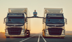 Jean-Claude Van Damme doing his gymnastic split in the commercial between two Volvo FM series trucks